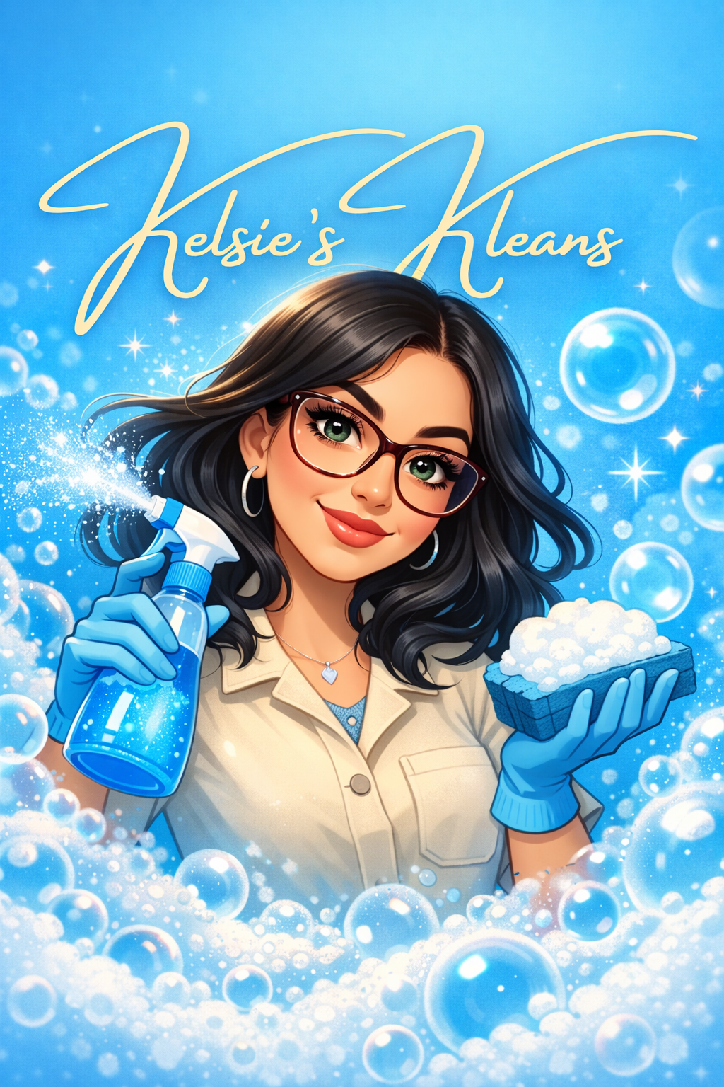 Kelsie's Kleans - Kelsie with spray bottle and sponge surrounded by bubbles
